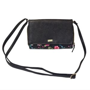 Black Floral Crossbody Bag – Adjustable Strap, Multi-Compartment Purse